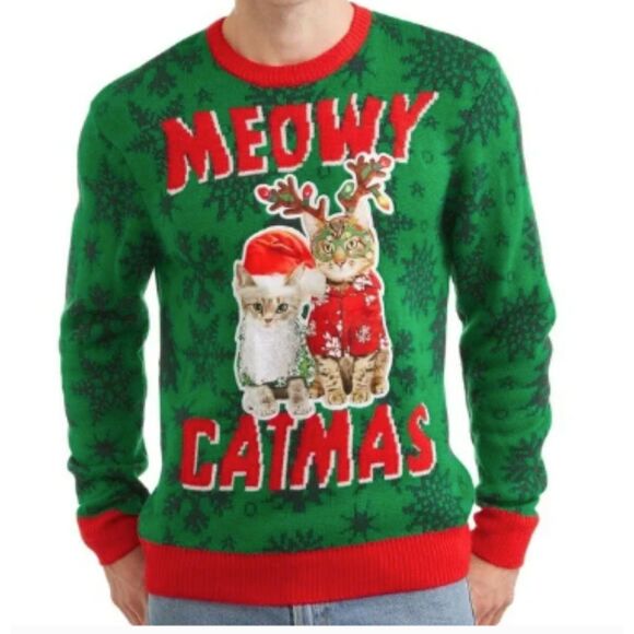 December 25th Party Sweater Meowy Catmas Ugly Christmas Sweater Knit Unisex XL - Picture 1 of 5